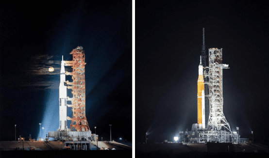 图注：发射台上的土星五号火箭和半个世纪后的SLS首款Block1火箭，图源：NASA