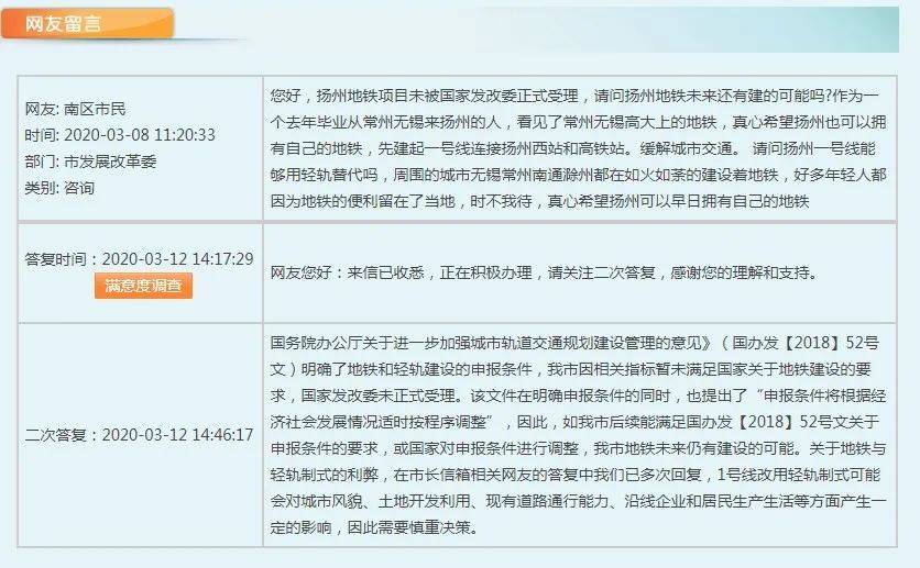 扬州市发改委回复 图源：官网截屏