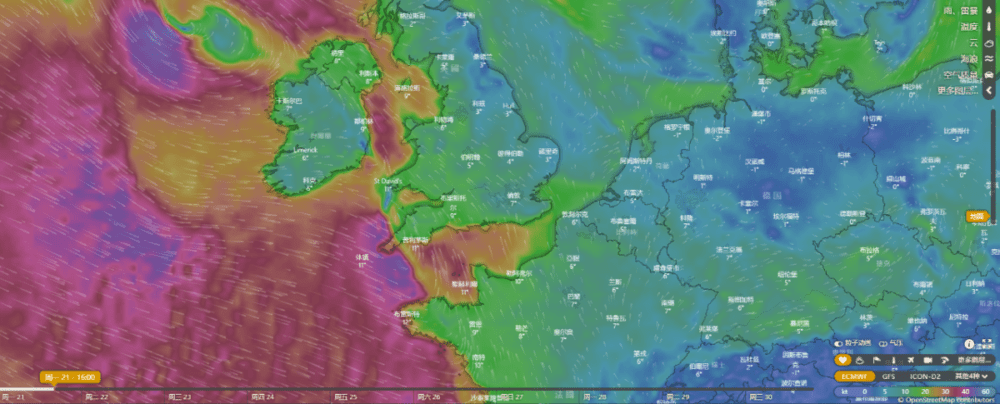 北京时间21日下午4点，德国北部“风平浪静”（图源：Windy）<br label=图片备注 class=text-img-note>