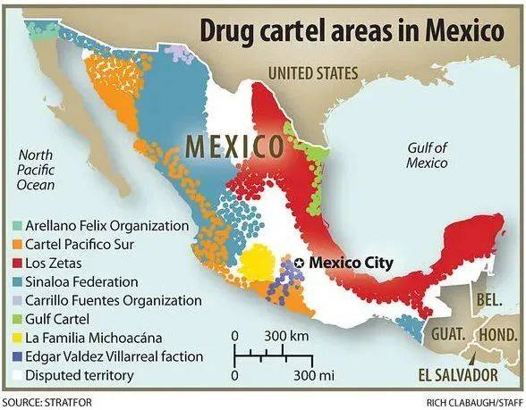 ▲基于2010年5月Stratfor报告的墨西哥贩毒集团在墨西哥的势力范围<br>