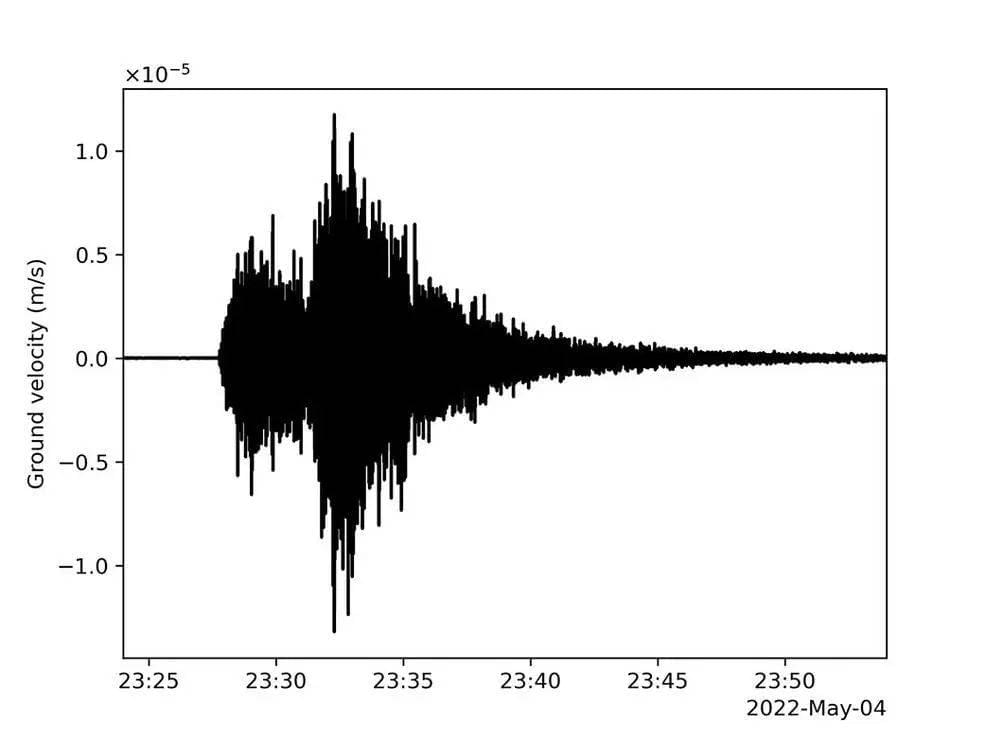 “洞察号”迄今探测到的最大火震，震级为5级（来源：NASA/JPL-Caltech）<br>