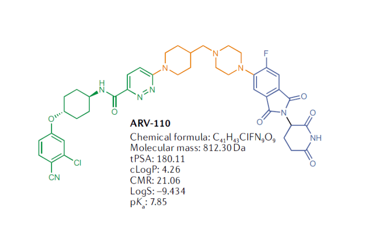 ARV-110的主要结构，笔者注：靶向雄激素受体的配体（绿色），连接子（红色），和靶向 E3 CRBN 的配体（蓝色），来源：doi.org/10.1038/s41573-021-00371-6