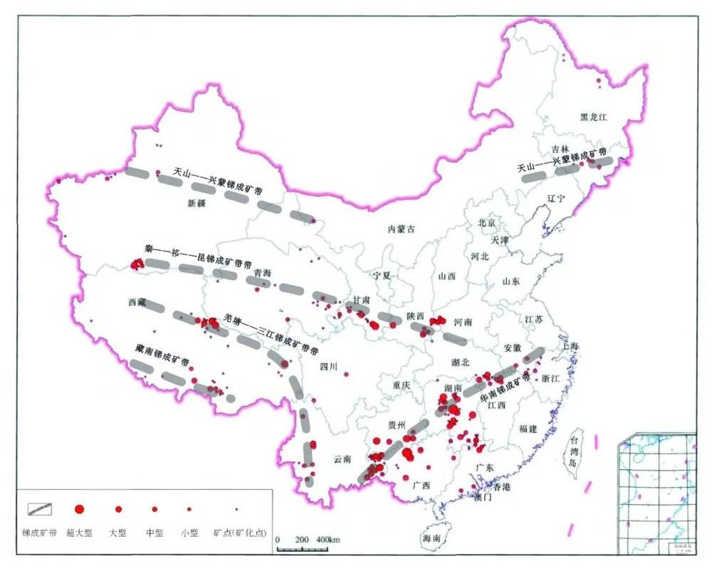 中国锑成矿带分布图（修改自Ding & Zhang， 2021）