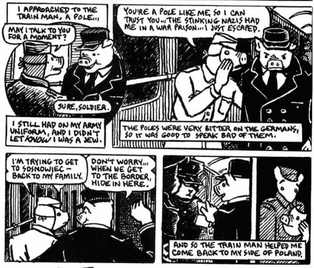 为了偷渡回家，弗拉德克谎称自己是波兰人，博取列车员的同情，漫画中表现为戴上猪面具