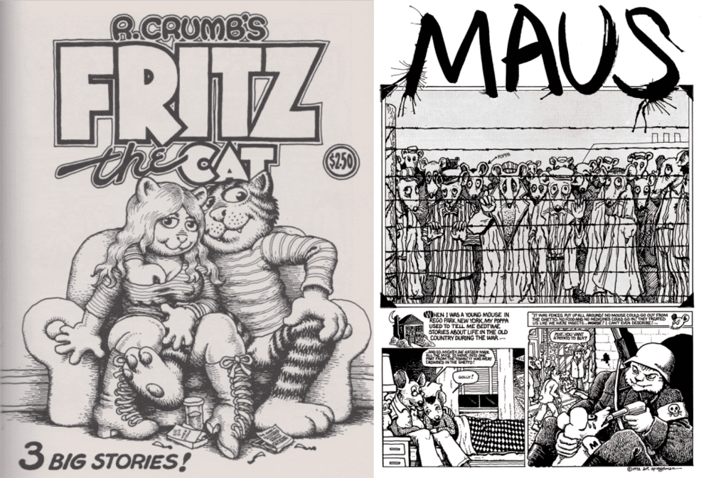左：地下漫画家罗伯特·克鲁伯（Robert Crumb）的经典作品《怪猫菲力兹》，后成为现代兽迷文化的重要来源之一，还曾被改编为动画右：斯皮格曼1972年发表在地下漫画杂志上的三页《鼠族》原型，相比后来的版本角色神情更加夸张