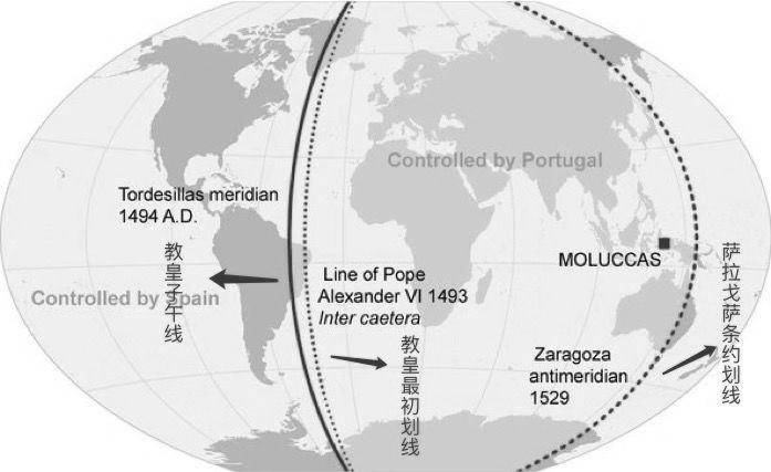 ▲两次教皇子午线确立的势力范围<br>
