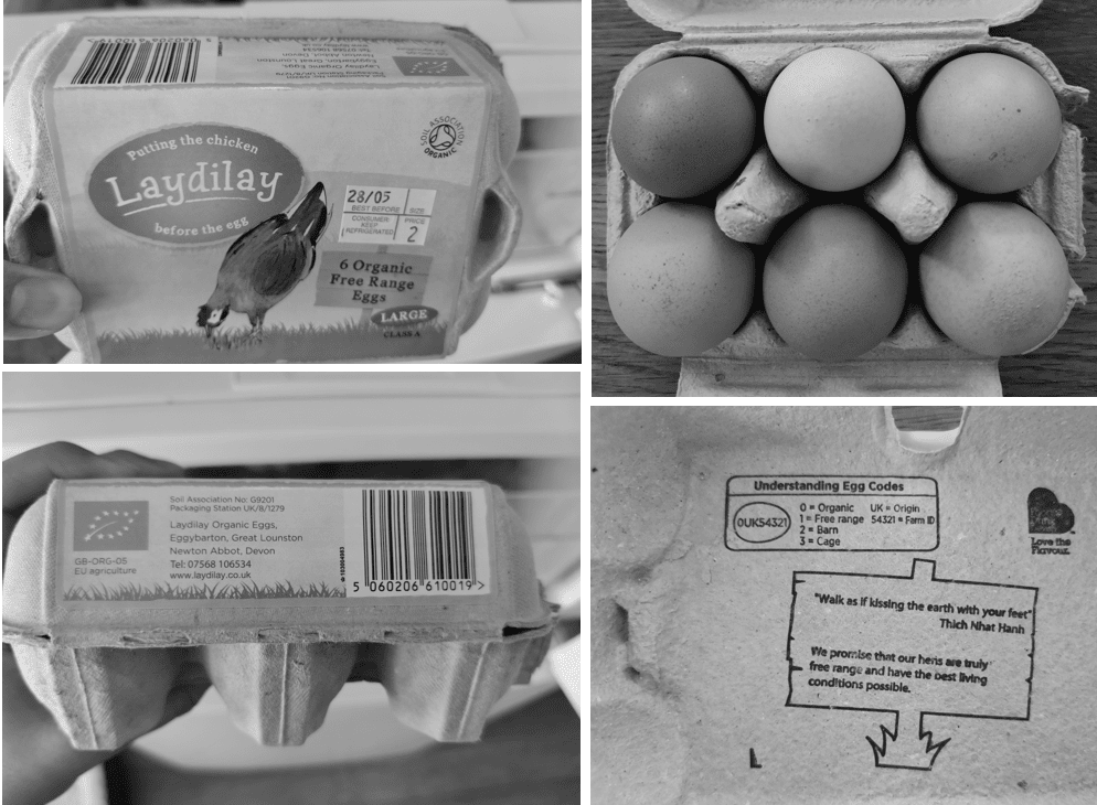 ●每枚鸡蛋颜色都不同，的确是独一无二的蛋。包装盒上的标记分别是公益机构土地联盟（Soil Association） 有机认证和欧盟有机认证的商标。<br>