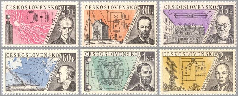 第一排依次是特斯拉、波波夫、布兰利，第二排依次是马可尼、赫兹、阿姆斯特朗（调频广播技术的发明者），图源：Hungaria Stamp Exchange<br>