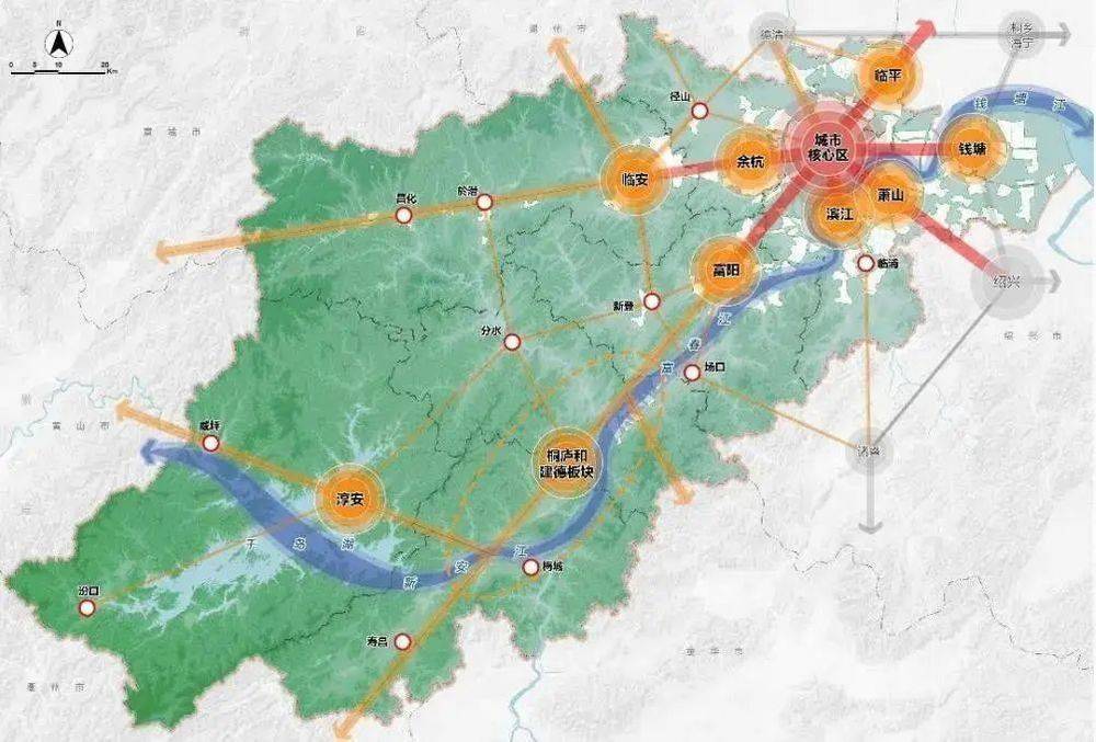 ▲《杭州市国土空间总体规划（2021~2035年）》草案中的市域国土空间总体格局图，规划提出完善“一核九星、双网融合、三江绿楔”的空间格局，多中心、网络化、组团式、生态型，打开新空间，加快构建特大城市新型空间格局。