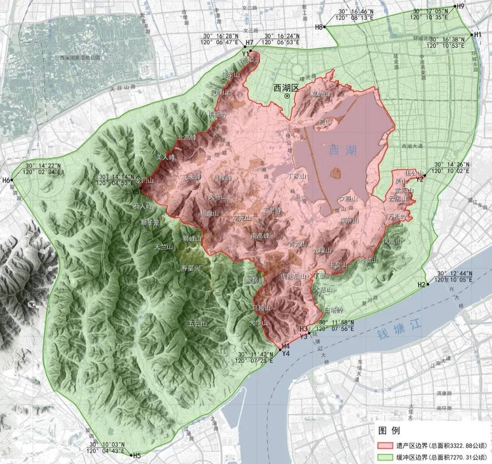 ▲10月底刚公示的《杭州西湖文化景观管理保护规划（2021-2035）草案》西湖遗产区、缓冲区范围图