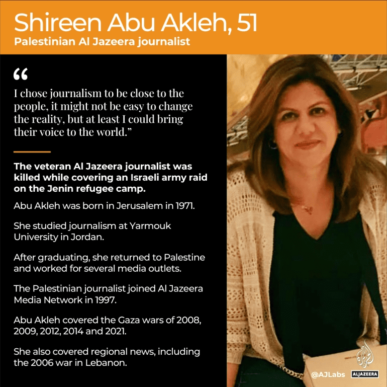 半岛电视台为Shireen Abu Akleh发布的讣告，其中摘录了一条她生前说过的话：<br label=图片备注 class=text-img-note>