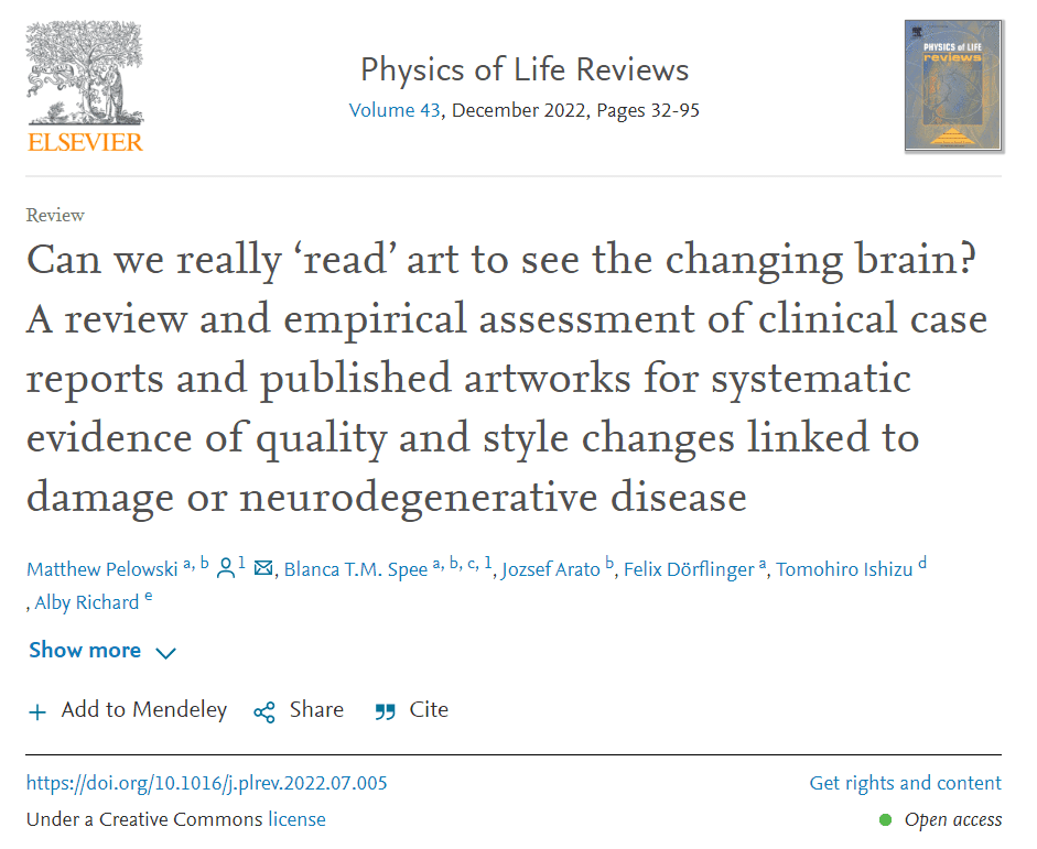<span class=text-remarks label=备注>论文题目</span>：Can we really ‘read’ art to see the changing brain? A review and empirical assessment of clinical case reports and published artworks for systematic evidence of quality and style changes linked to damage or neurodegenerative disease