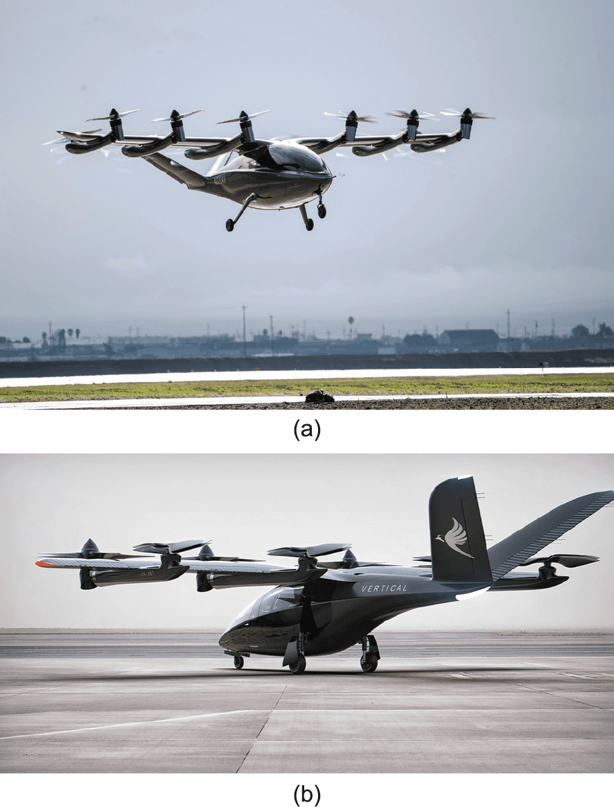 图1. （a）Archer Aviation公司的Maker飞行器，是一种与真机相似度达80%的样机，图中正在进行悬停实验。其主翼前侧的6个旋翼在飞行器转为水平飞行模式时能够前倾，作为推进器提供高能效的向前推力。来源：Archer Aviation（公有领域）。（b）与之设计相似的Vertical Aerospace公司的 VA-X4将于2022年进行第一次试飞。来源：Vertical Aerospace（公有领域）。