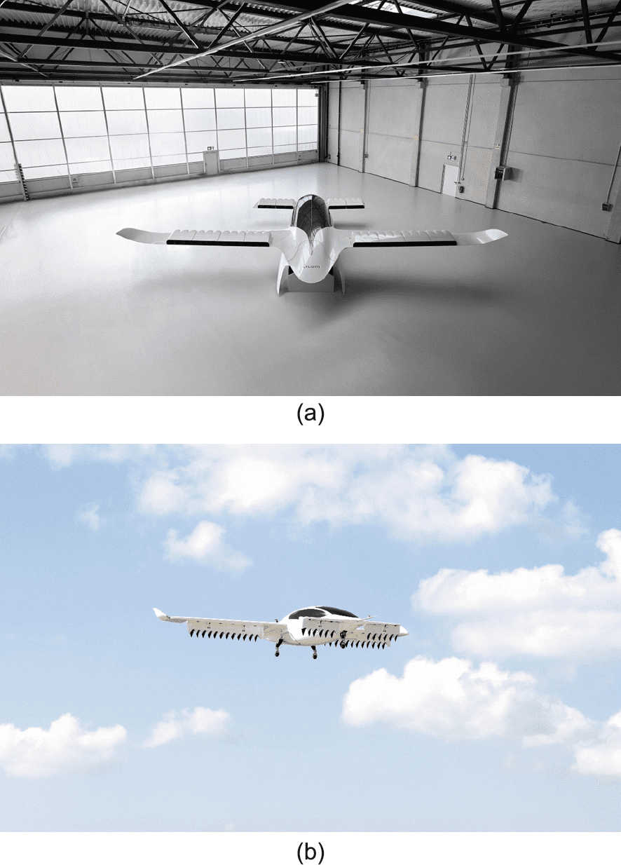 图2. （a）从后方拍摄的全比例7座式Lilium Jet飞行器，拍摄地点位于Lilium Air Mobility公司在德国慕尼黑的总部，该飞行器内嵌分布式推进控制系统，且无机尾。（b）2021年，Lilium Air Mobility公司的技术样机在德国进行飞行测试，凭借36个纵向排列的涵道电动螺旋桨，飞行器得以在空中悬停。来源：Lilium（公有领域）。<br>