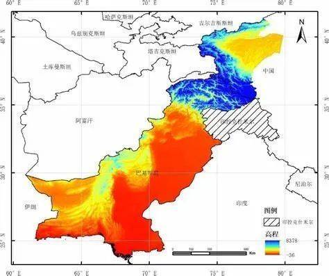 巴基斯坦地势，色调越暖地势越低丨国家冰川冻土沙漠科学数据中心 (http://www.ncdc.ac.cn)<br>
