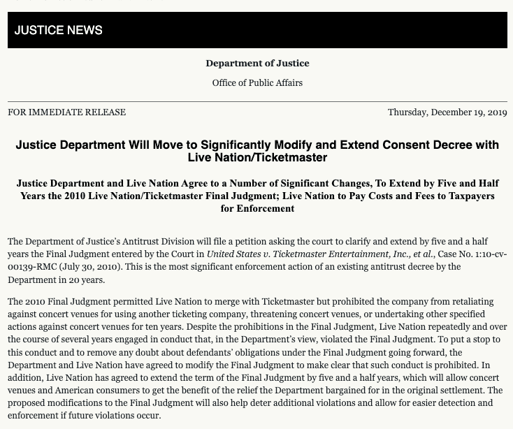 2019年美国司法部与Live Nation再次达成和解<br>