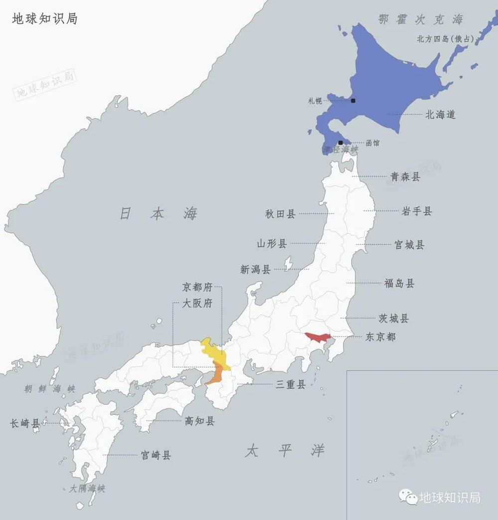 日本的一级行政单位分为：都、道、府、县，北海道是其中面积最大的一个，也是日本历史上最晚并入日本的大岛屿——上图标明各县仅部分示例，并非全部