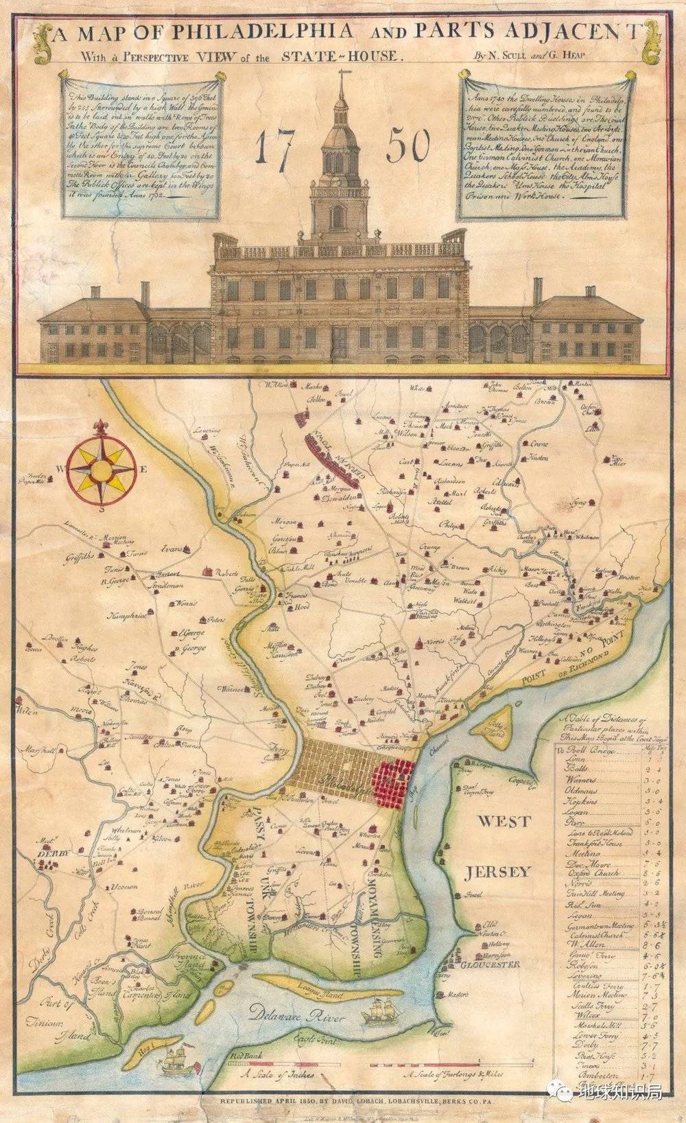 在小佩恩去世后不久，费城就发展成为了北美13州里的核心城市。小佩恩最后一次离开费城前发布了1701年宪章，将其建立为一座城市，到1750年费城成为了一个重要的贸易中心（1750年费城地图 图：geographicus.com）