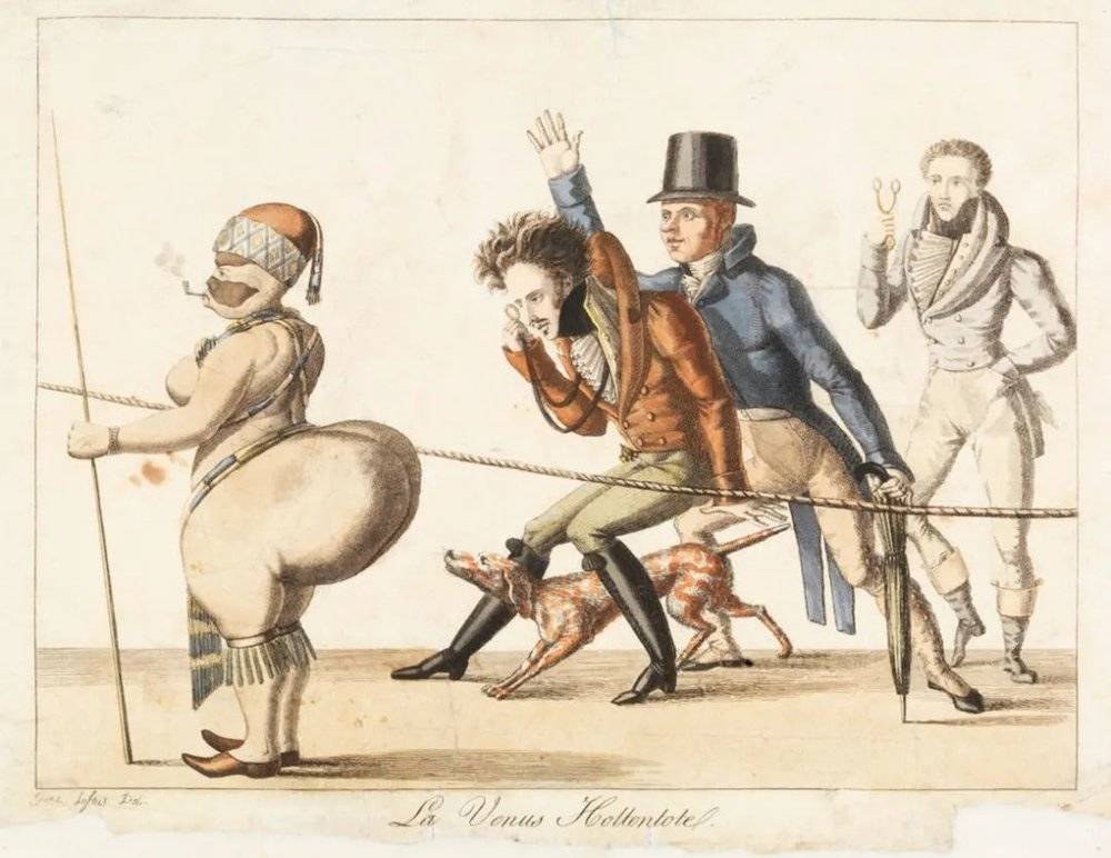 嘲笑萨拉·巴特曼的手工彩绘版画讽刺画《霍屯督的维纳斯》（“La Venus Hottentote”），作者乔治·洛夫特斯（George Loftus），约1814年。© rmg.co.uk