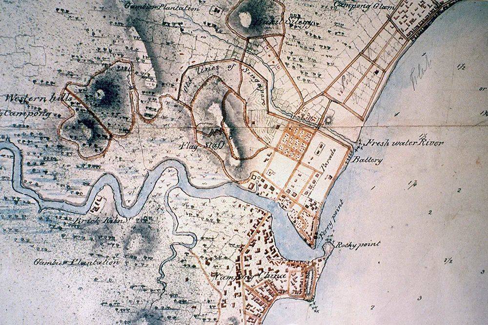 1825年，围绕自由贸易港发展的新加坡测绘图（来源：Wikipedia）