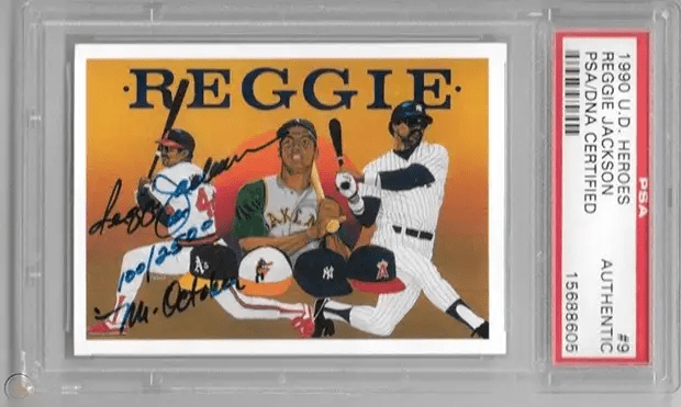 1990年UD公司在自己的棒球产品里插入了2500雷吉·杰克逊的签字卡，这被视为人类有史以来第一张签字球星卡。<br label=图片备注 class=text-img-note>