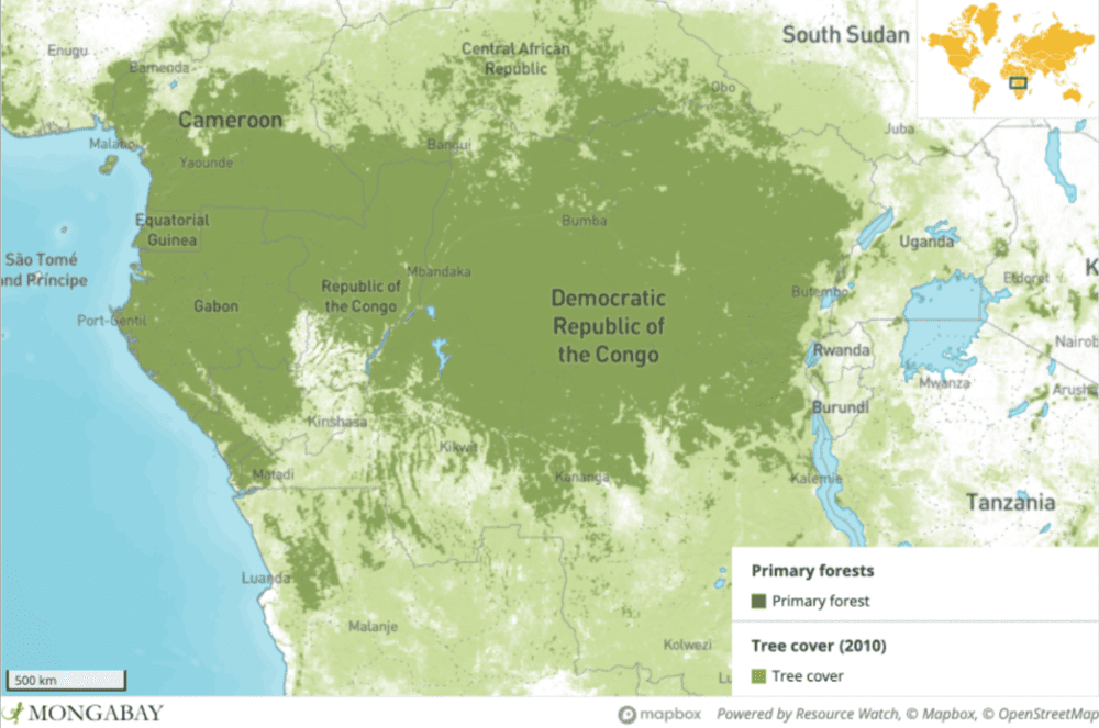 ●刚果雨林分布地图，横跨六个非洲国家 / Mongabay<br>