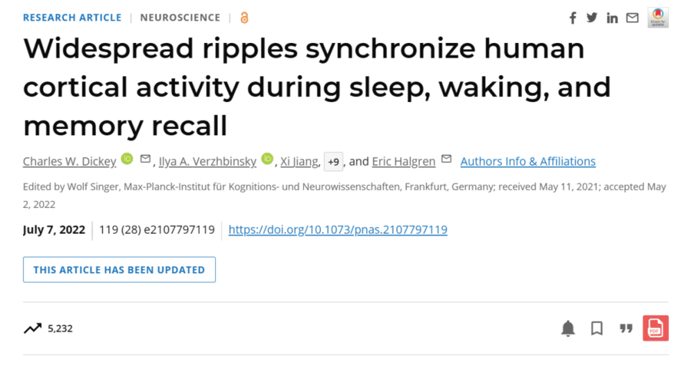 论文题目：Widespread ripples synchronize human cortical activity during sleep， waking， and memory recall