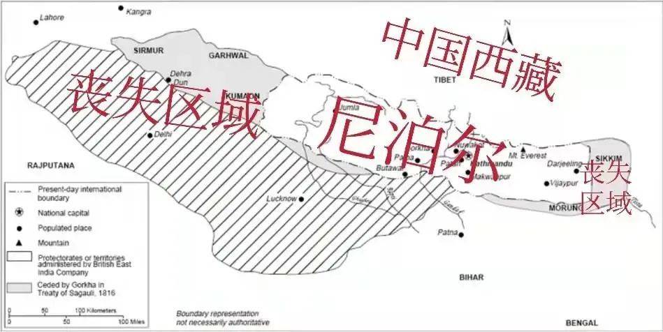 ▲1814年英国割占了大片尼泊尔领土<br>