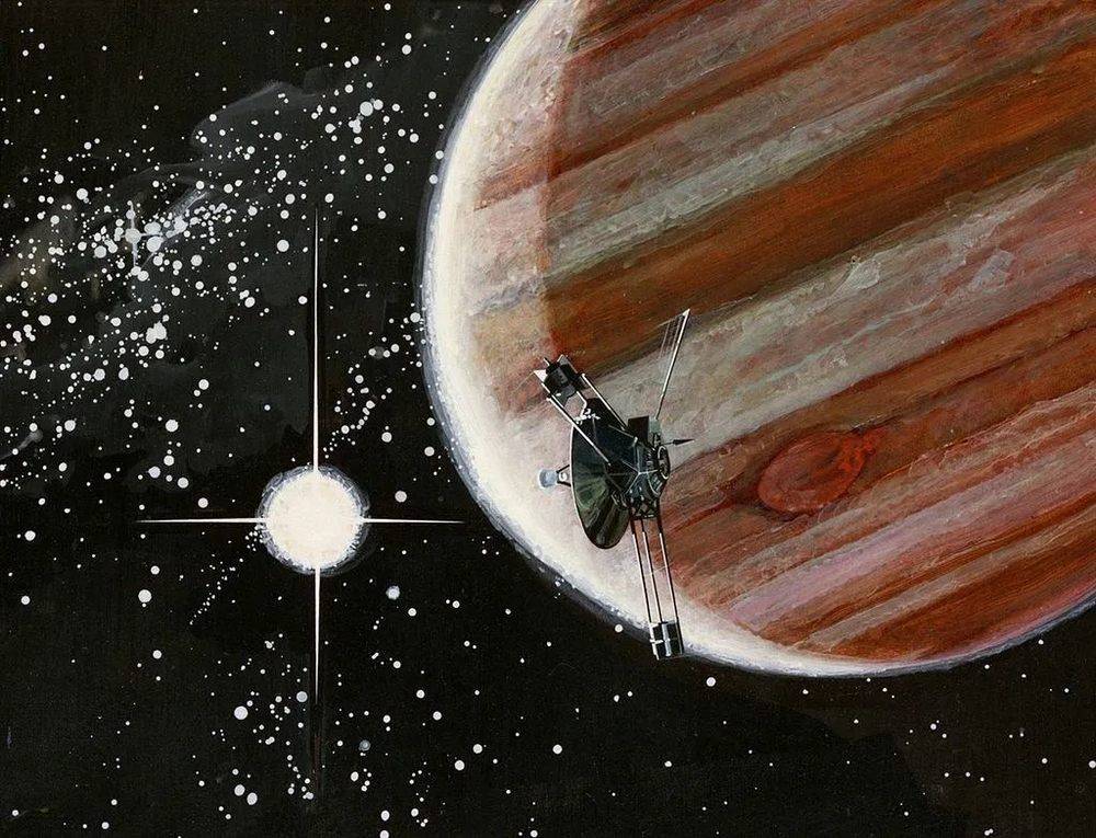 先驱者10号与木星的艺术想象合成图。图片来源：Rick Guidice<br>