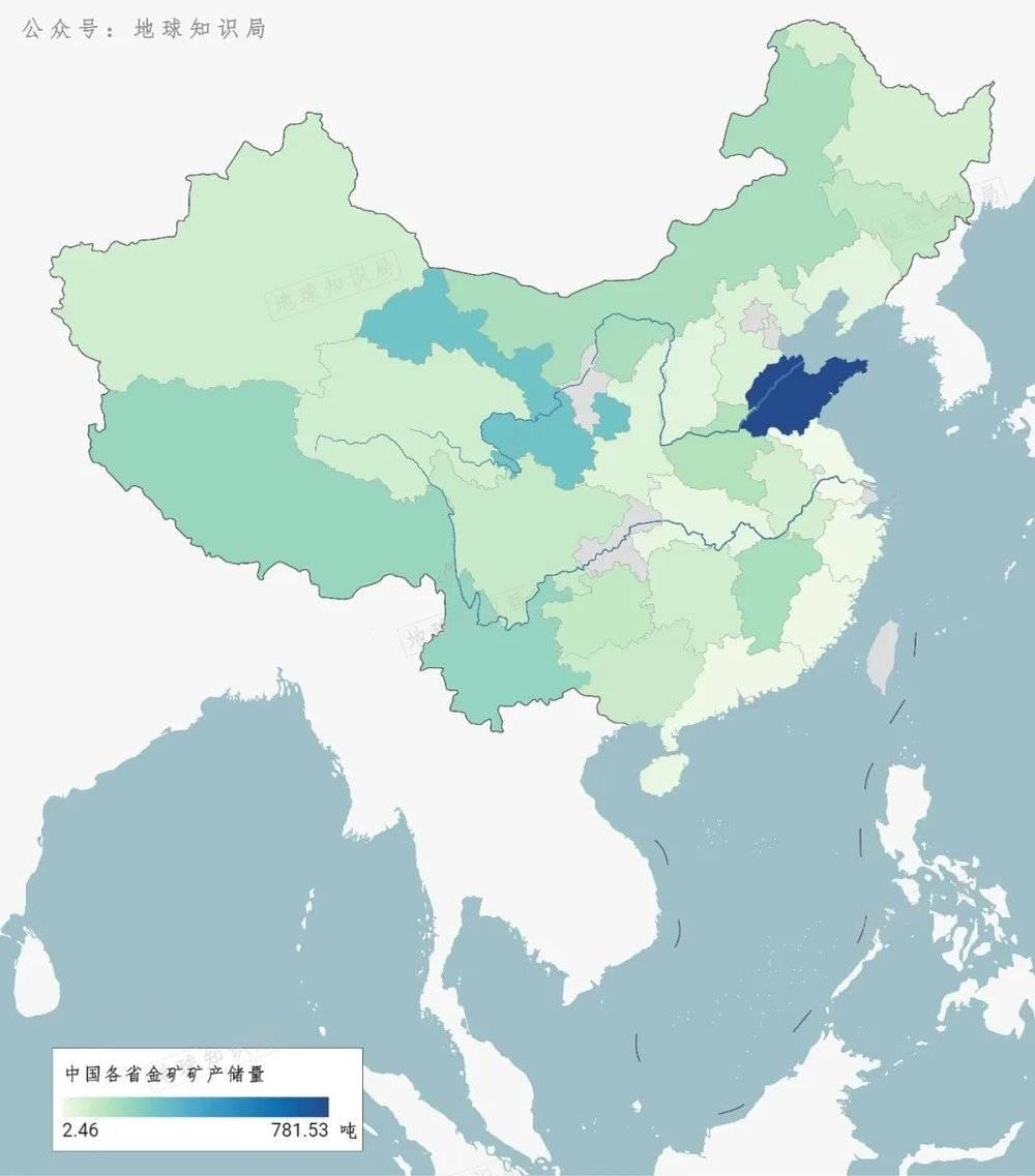 中国各省区金矿矿产储量分布
