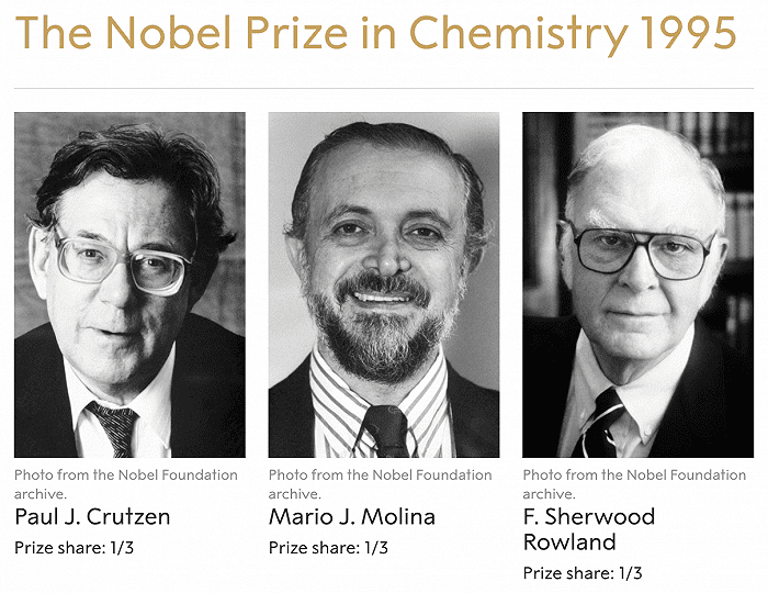 因为对保护臭氧层的贡献，莫利纳、罗兰和克鲁岑于1995年获得了诺贝尔化学奖｜nobelprize.org<br label=图片备注 class=text-img-note>
