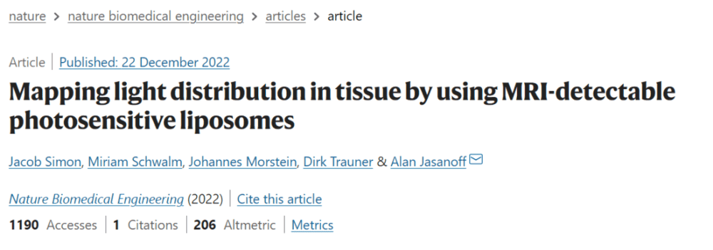 论文题目：Mapping light distribution in tissue by using MRI-detectable photosensitive liposomes