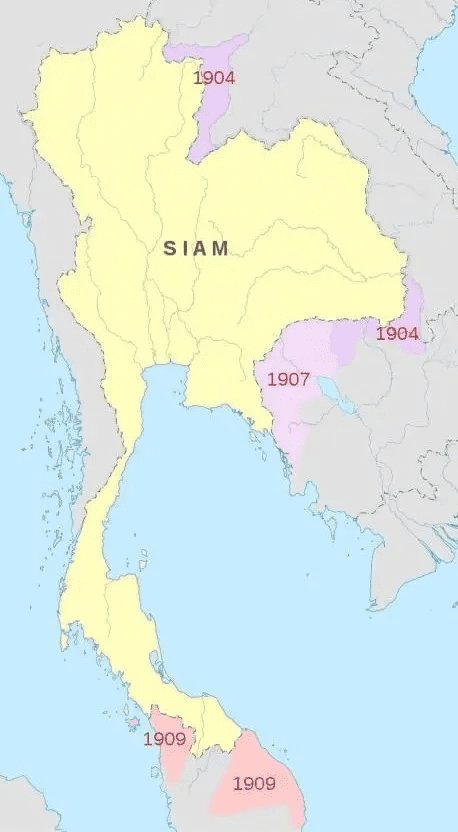 ▲泰国割让予英国（红）的领土换回英国承认现泰南三府<br>