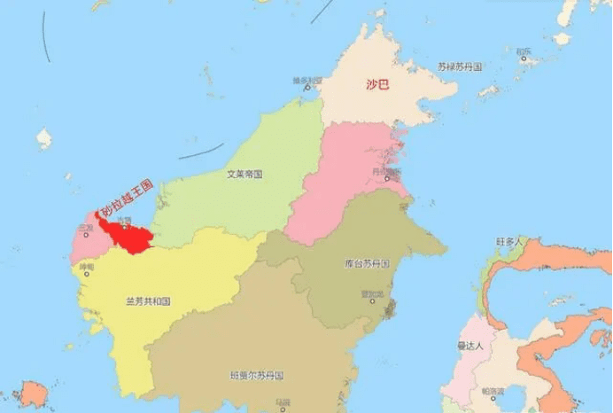 ▲沙捞越省起初面积很小，文莱苏丹直属领地很大<br>