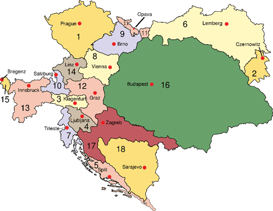 ▲今天的斯洛文尼亚分布在当地的施蒂利亚（14）、卡尼拉（4）与奥地利滨海省（7）中