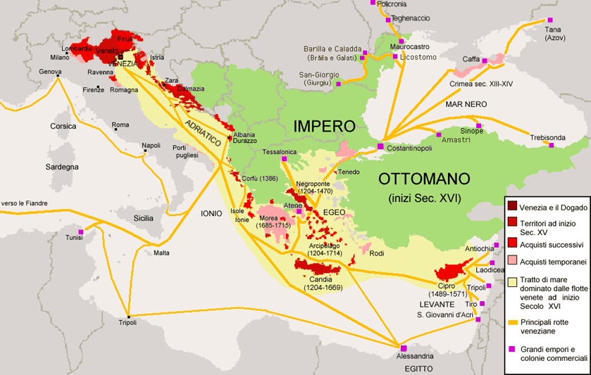 ▲威尼斯共和国与其海外贸易站（红）