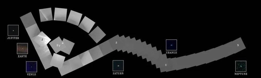 旅行者1号拍摄的太阳系全家福，由60帧影像拼接而成 | NASA/JPL<sup label=图片备注 class=text-img-note> [7]</sup><br label=图片备注 class=text-img-note>