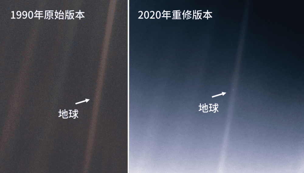 周老师展示的“暗淡蓝点”是2020年重修版本，尽管在照片里地球是“小白点”，但人们还是普遍称这颗代表蓝色星球的小点为“暗淡蓝点” | NASA/JPL<br label=图片备注 class=text-img-note>