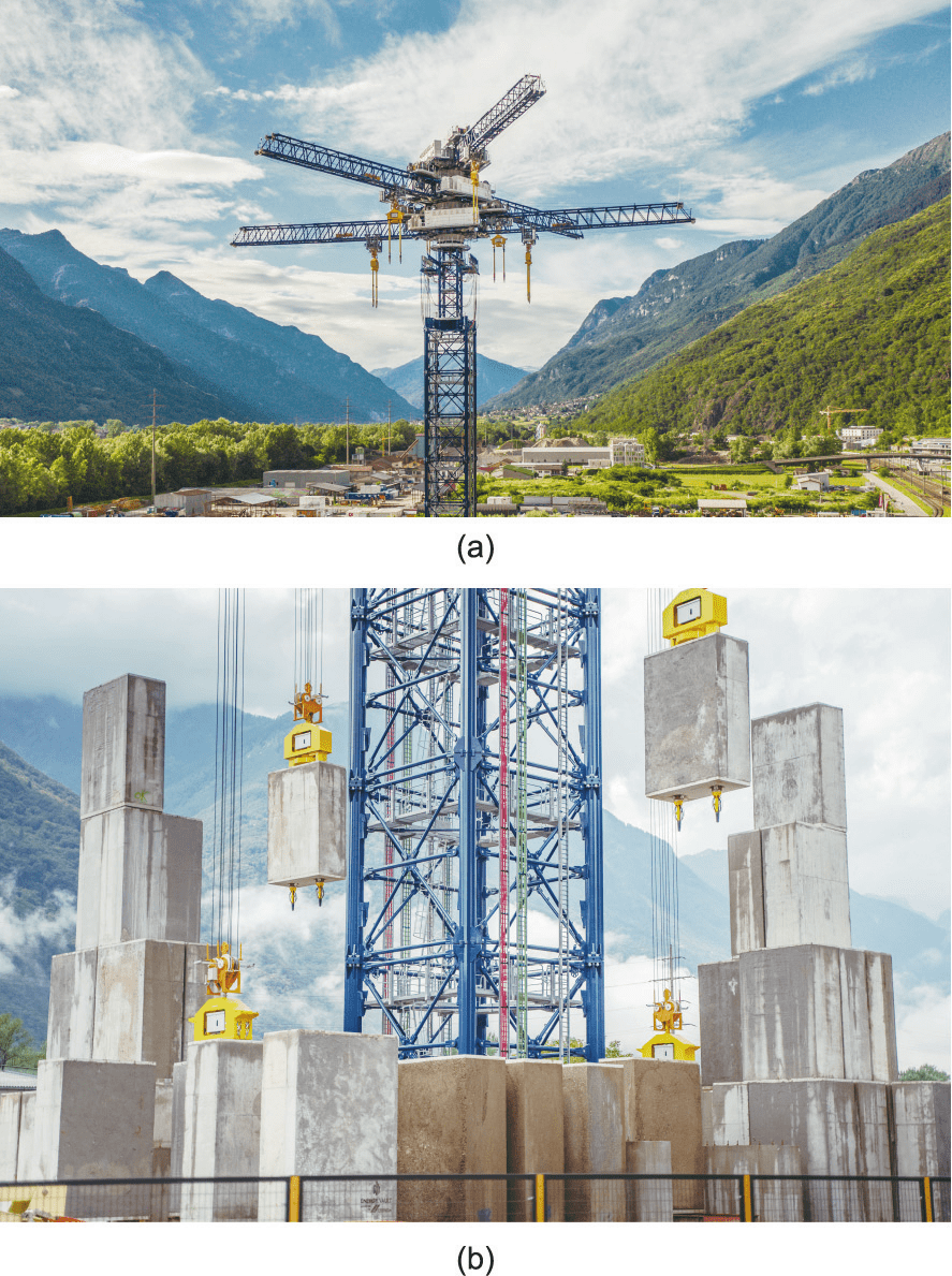图3. Energy Vault公司早期技术商业示范单元的顶部（a）和基座（b）。该技术通过起重机抬升或放下35 t的重物来储存/释放能量。该项目位于瑞士提契诺州，于2020年完工，并已连接至国家电网。该公司后来决定更换项目为图1中的封闭式、模块化设计。来源：Energy Vault（经许可）。<br label=图片备注 class=text-img-note>