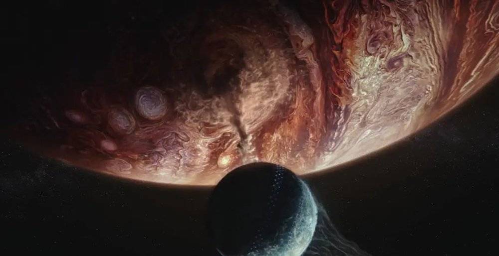 地球大气和木星大气被相互拉出，图源：《流浪地球》