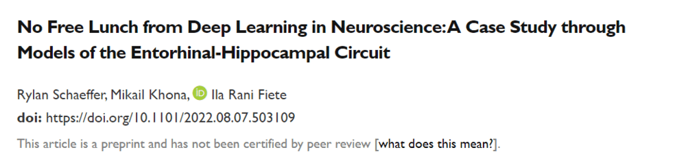 <span class=text-remarks label=备注>论文题目：</span><span class=text-remarks label=备注>No Free Lunch from Deep Learning in Neuroscience: A Case Study through Models of the Entorhinal-Hippocampal Circuit</span>