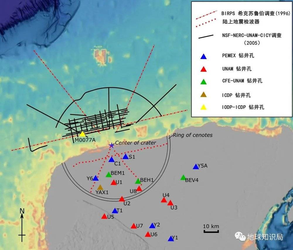 希克苏鲁伯陨石坑的地震法探测结果示意图，一半陆地一半浅海底，合围成一个圆形的地貌（图：维基百科）