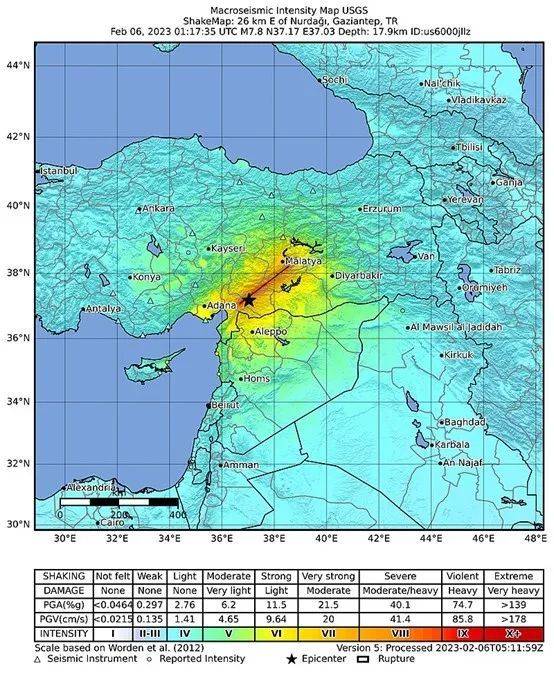 震级为7.8级的第一次地震的地震烈度图，可以看到其中烈度为9级（Ⅸ）的区域基本上沿着一条直线，这就是该断层的走向线。图片来源：wikipedia