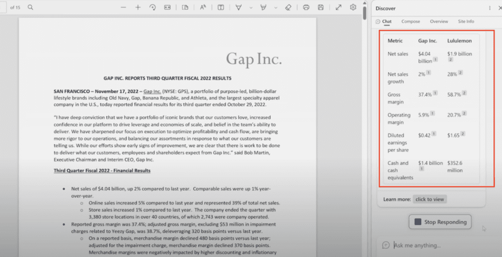 图 9 New Bing 对 Gap 和 Lululemon 财报对比功能<br label=图片备注 class=text-img-note>