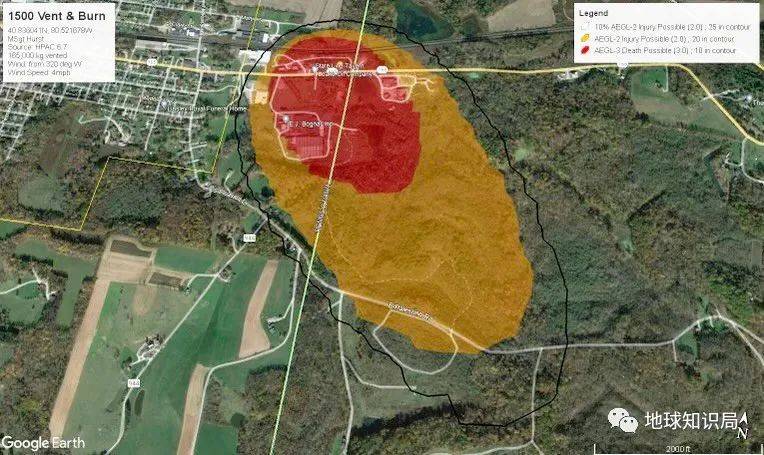 美国政府划定了需要疏散的居民范围，但此次氯乙烯泄露事故的影响范围可能不仅于此（图：Google Earth）