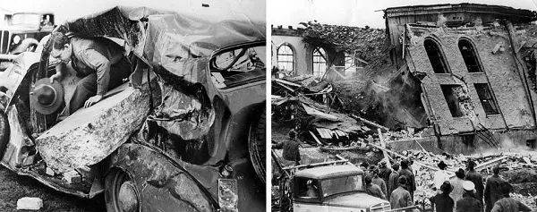 被砸坏的车和倒塌的学校丨New London Museum<br>