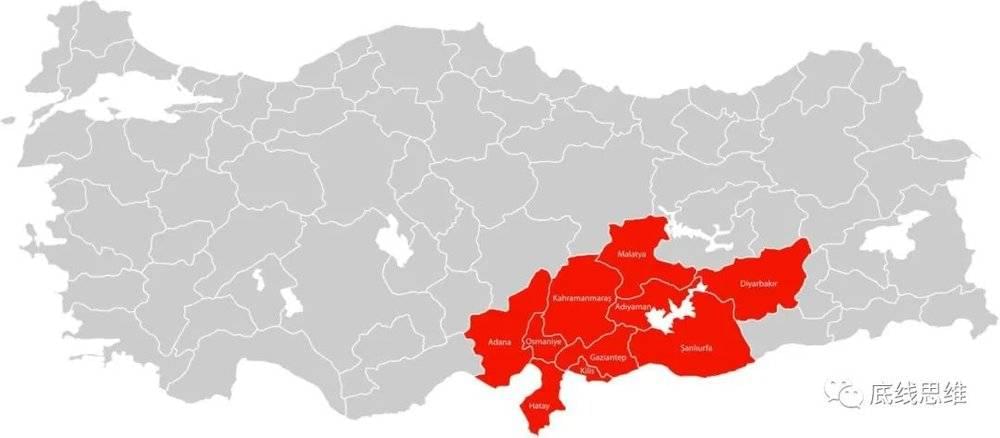 此次强震中受到严重影响的土耳其省份，图源：Kurmanbek/Wikipedia<br>