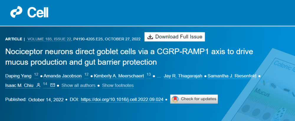 Yang, Daping, et al. Nociceptor neurons direct goblet cells via a CGRP-RAMP1 axis to drive mucus production and gut barrier protection. Cell 185.22 (2022): 4190-4205.<br>