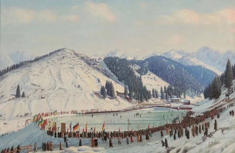 哈萨克画家1955年的油画《在山上溜冰场》<br>