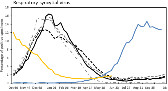 美国在2021年8月（蓝色曲线）出现了反常的RSV感染高峰（来自引文[6]）<br>